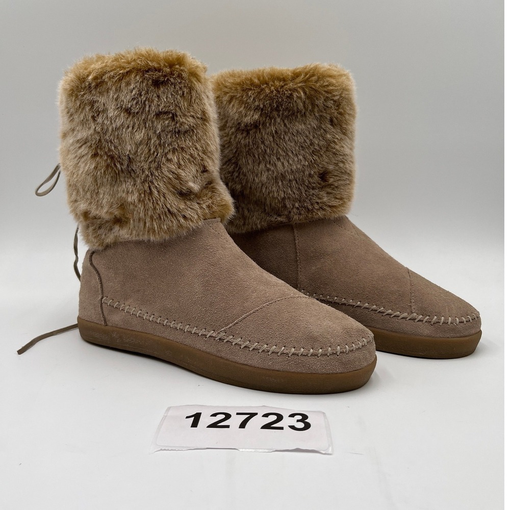TOMS Nepal Boots Women Size 11 Tan Excellent Faux Fur Suede Lace Up Back
